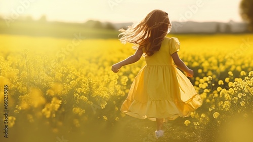 girl in a yellow dress running in a meadow with yellow flowers in a beautiful sunrise in high resolution and high sharpness and a sky