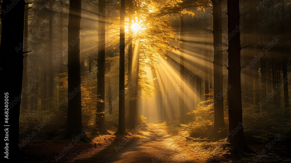 Fototapeta premium As árvores da floresta amarela com raios de sol