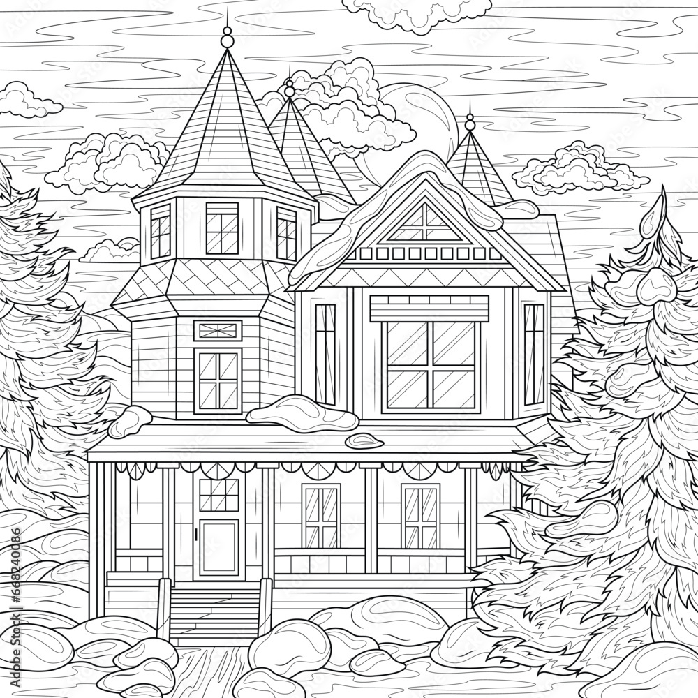 House in winter.Coloring book antistress for children and adults. 