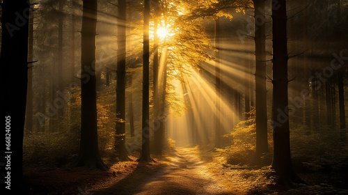 As   rvores da floresta amarela com raios de sol