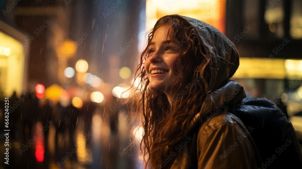 Joyful Woman Enjoying Rainy Night in City.
Happy young woman in hooded jacket smiling on a rainy urban evening with city lights.