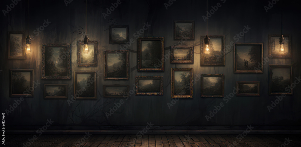 dramatic dark abandoned room with photo frames on the wall and dimly lit lighting. Generative AI - obrazy, fototapety, plakaty 