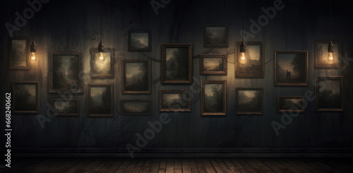 dramatic dark abandoned room with photo frames on the wall and dimly lit lighting. Generative AI photo