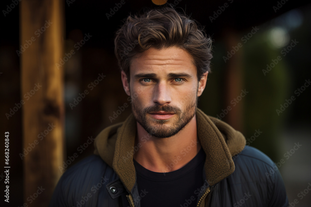 Generative ai technology portrait of attractive young man outdoors town city streets Generative ai technology portrait of attractive young man outdoors town city streets
