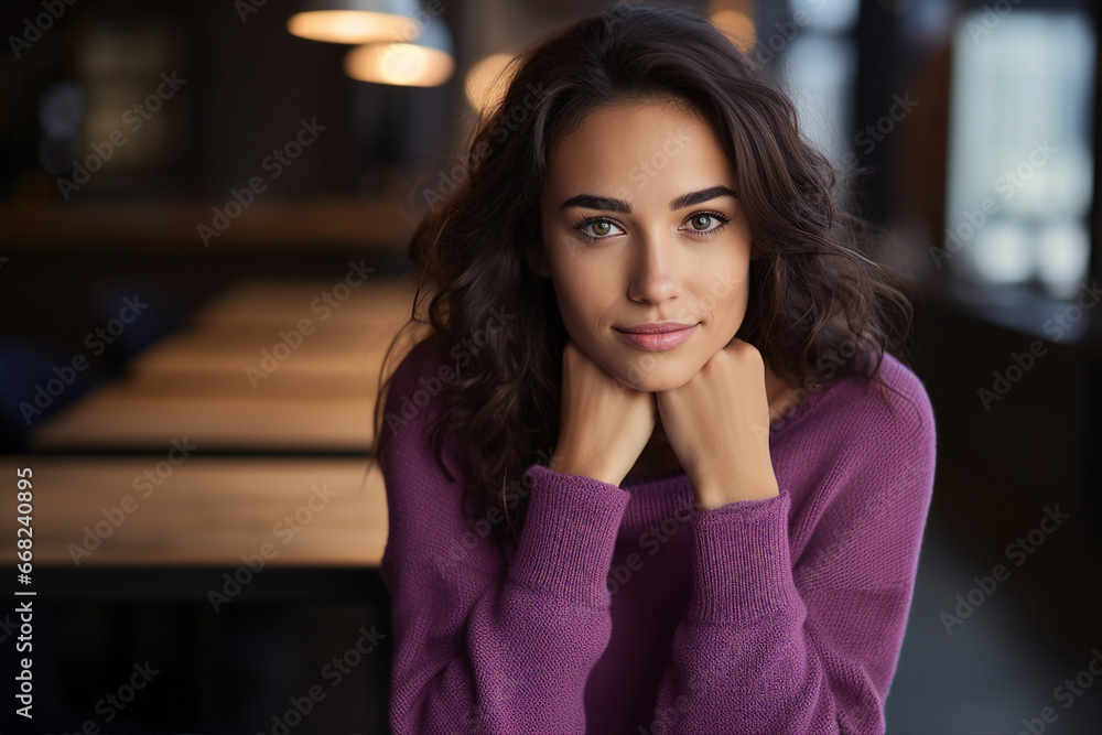Portrait of a lovely cute woman sitting office room indoors generative ai Portrait of a lovely cute woman sitting office room indoors generative ai