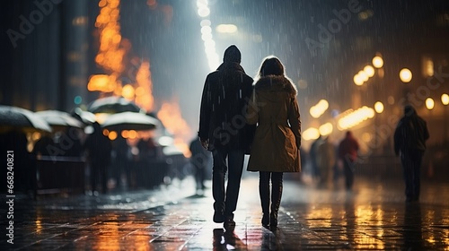 Couple's Rainy Stroll. A couple walks closely together on a rainy city street at night.