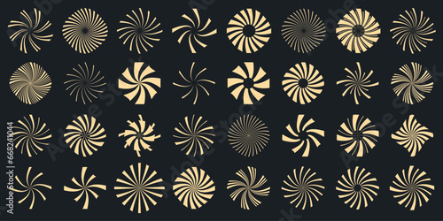 Sunburst collection. Radial sunset beams. Bursting golden sun rays. Fireworks. Logotype or lettering design element. Flat vector illustration.