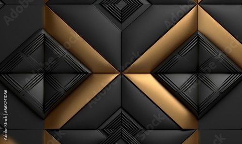 3D wallpaper of 3D tiles soft geometry form made from black leather with golden decor stripes and rhombus. High quality seamless realistic texture, Generative AI