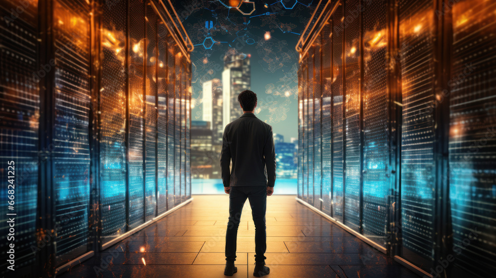 a man standing in a futuristic server hall with fututistic city background. Generative AI