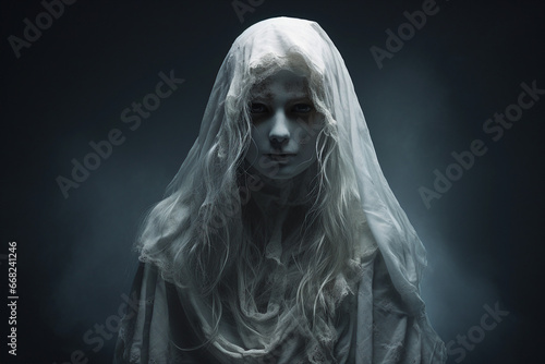 Generative AI picture of scary personage dead person creepy ghost isolated on dark background