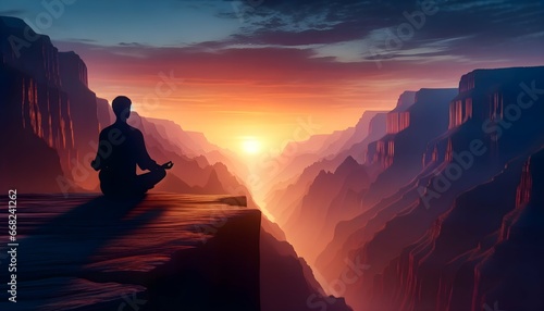 Meditation on a Mountain Ledge Overlooking a Canyon at Dawn