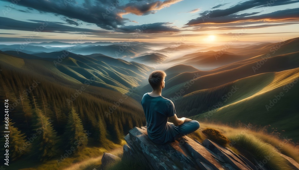 Relaxed Posture on a Mountain Summit Overlooking Rolling Hills at Sunrise