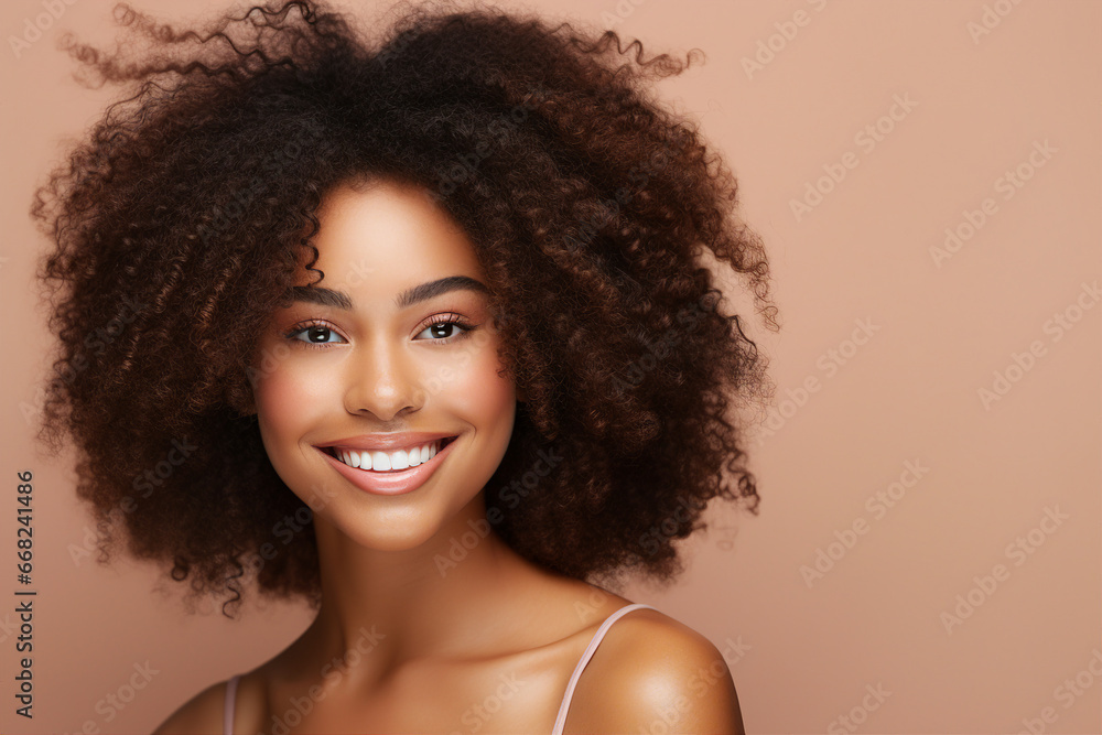 Generative AI picture of Young beautiful girl model demonstrating perfect styling curly hair Generative AI picture of Young beautiful girl model demonstrating perfect styling curly hair