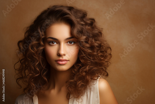 Generative AI picture of Young beautiful girl model demonstrating perfect styling curly hair © Tetiana