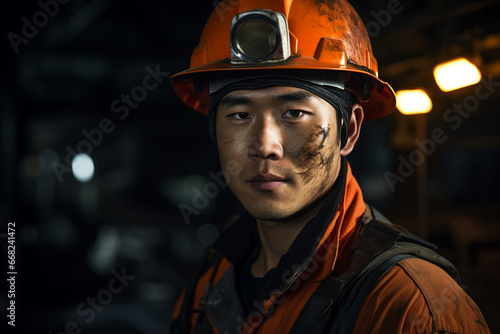 Generative ai technology portrait of mine worker wearing helmet extracting coal resources dirty face © Tetiana
