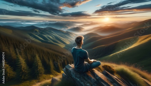 Relaxed Posture on a Mountain Summit Overlooking Rolling Hills at Sunrise