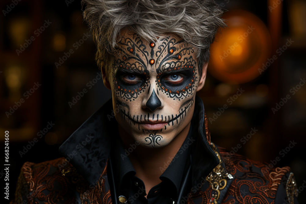 Generative AI image of halloween theme dark fantasy gentleman skeleton dead head mask