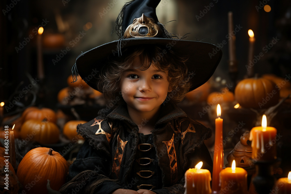 Generated ai picture of smiling happy female or male child in thematic costume celebrating festival on dark background Generated ai picture of smiling happy female or male child in thematic costume celebrating festival on dark background