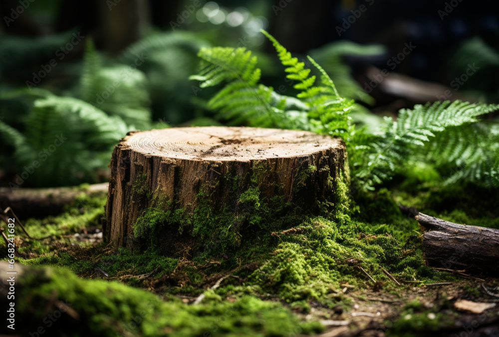 wooden tree base in the forest, Ai generated Image wooden tree base in the forest, Ai generated Image