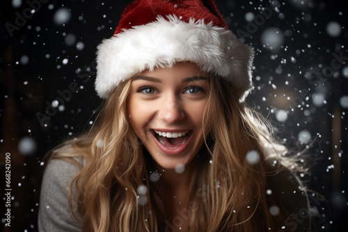 gorgeous brunette woman in santa claus hat laughing. Snwo falls in the dark background. Wonderful christmas wallpaper background for campaigns.