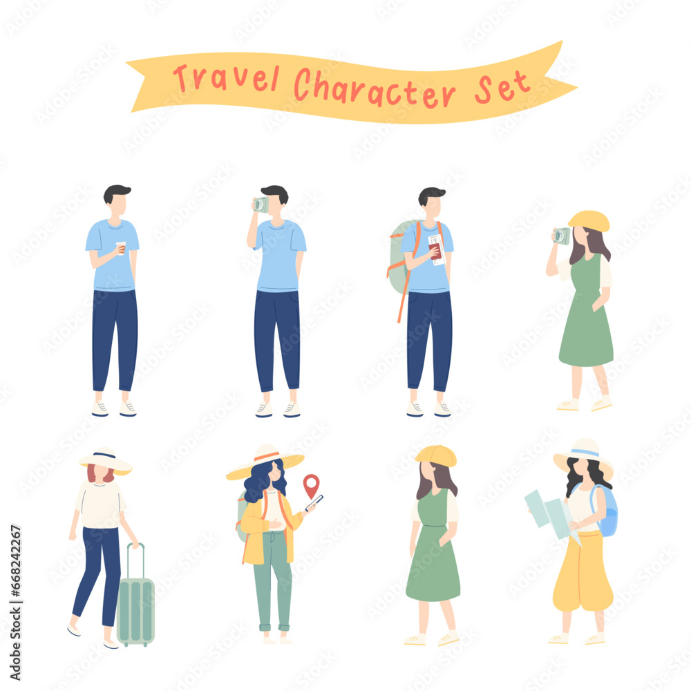 Set of Tourist characters Concept, Male and Female Traveling Activity, Young couple traveling with backpacks, People walk with phone and map in vacation trip isolated vector Illustration collection