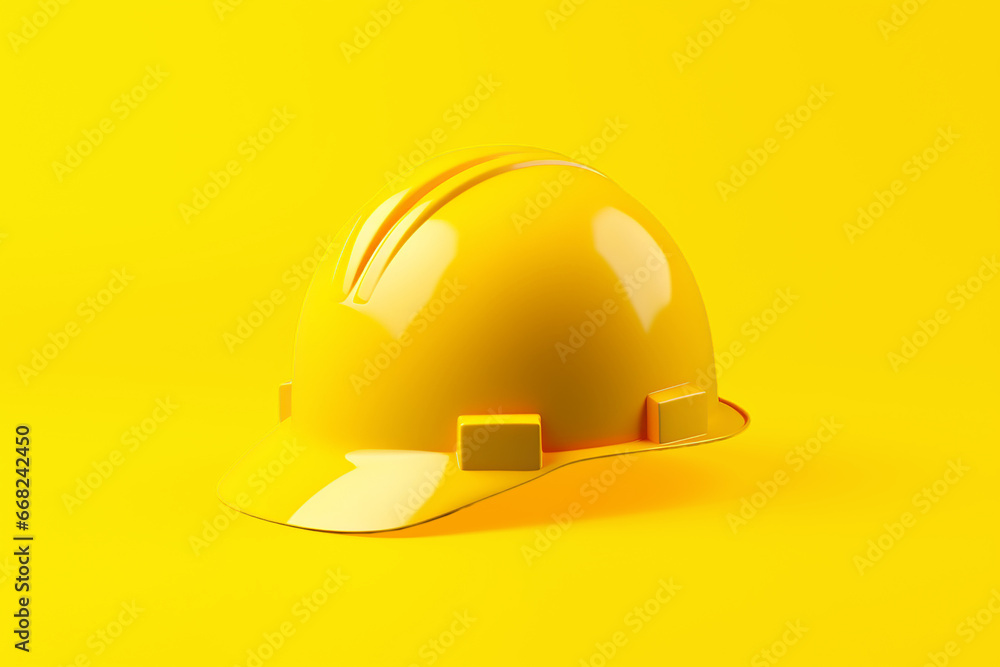 A shiny yellow safety helmet for sitework construction of labourers and engineers isolated on a blue blue and yellow background. Generative AI. A shiny yellow safety helmet for sitework construction of labourers and engineers isolated on a blue blue and yellow background. Generative AI.