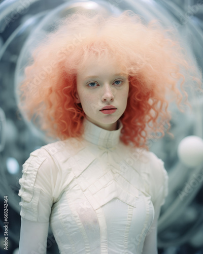 Generative AI stunning albino model posing wearing a silver dress futuristic fashion