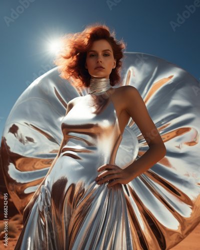 Wallpaper Mural Generative AI stunning redhead model posing wearing a silver dress futuristic fashion Torontodigital.ca