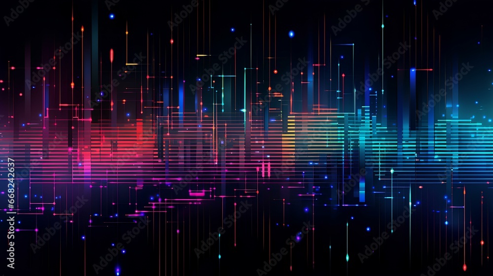 © yj - Digital glitch on a dark background. abstract digital pixels in shades of neon colors. futuristic and cyberpunk theme wallpaper. generative AI