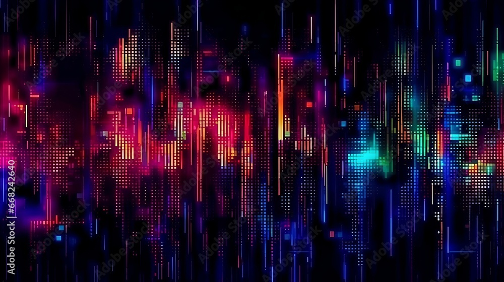 Digital glitch on a dark background. abstract digital pixels in shades of neon colors. futuristic and cyberpunk theme wallpaper. generative AI