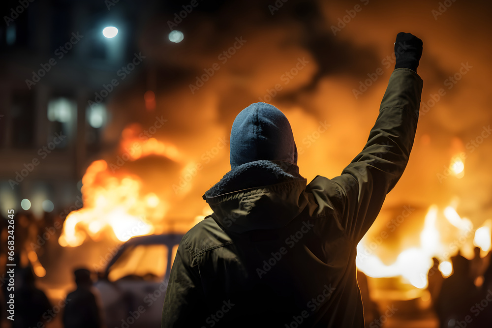 street riot in city with protestors and burning cars. Neural network generated image. Not based on any actual person or scene. street riot in city with protestors and burning cars. Neural network generated image. Not based on any actual person or scene.