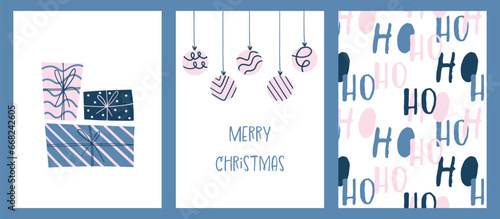 Merry Christmas set greeting cards, holiday covers, seamless pattern. Modern Xmas design with gifts, balls and hohoho pattern in blue and pink colors in naive style.