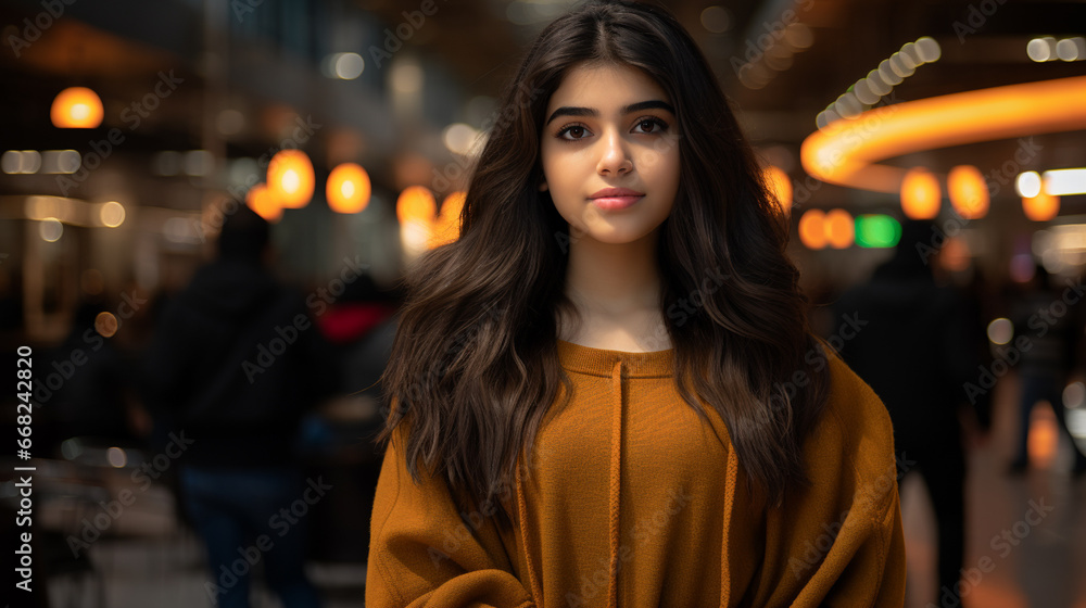 Young woman in orange sweater smiling in crowded restaurant
