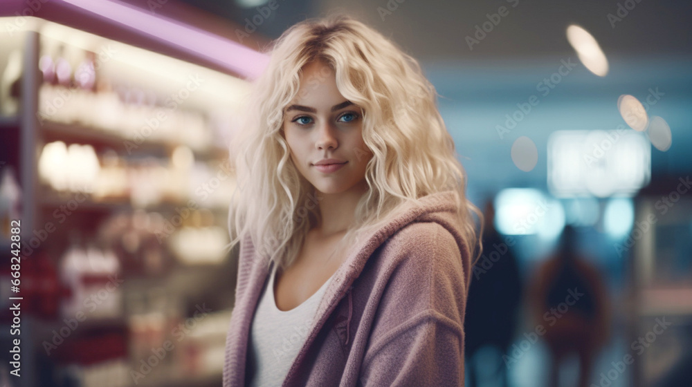 young cacuasian blonde woman, 20s, in a supermarket or discounter store