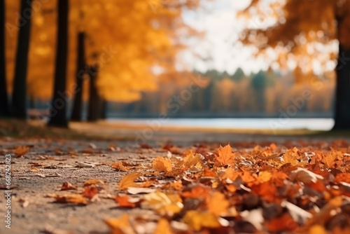 Orange maple leaves on the ground with a bokeh effect defocused background  Generative AI