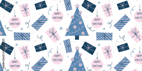 Christmas seamless pattern, holiday covers. Modern Xmas design with gifts, balls and Christmas tree pattern in blue and pink colors in naive style. Stylish festive ornate seamless pattern