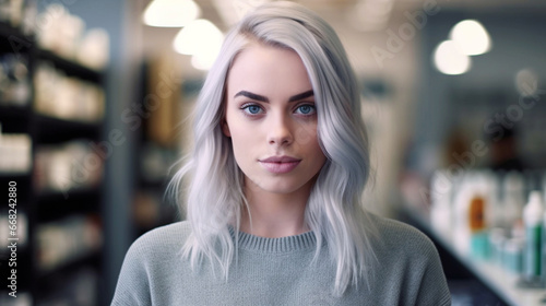 Young woman with white hair in store with beauty products