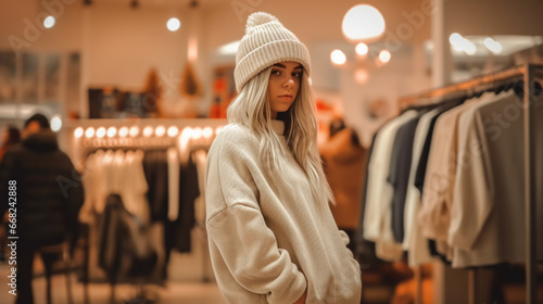 Young woman in white beanie and sweater, shopping for clothes