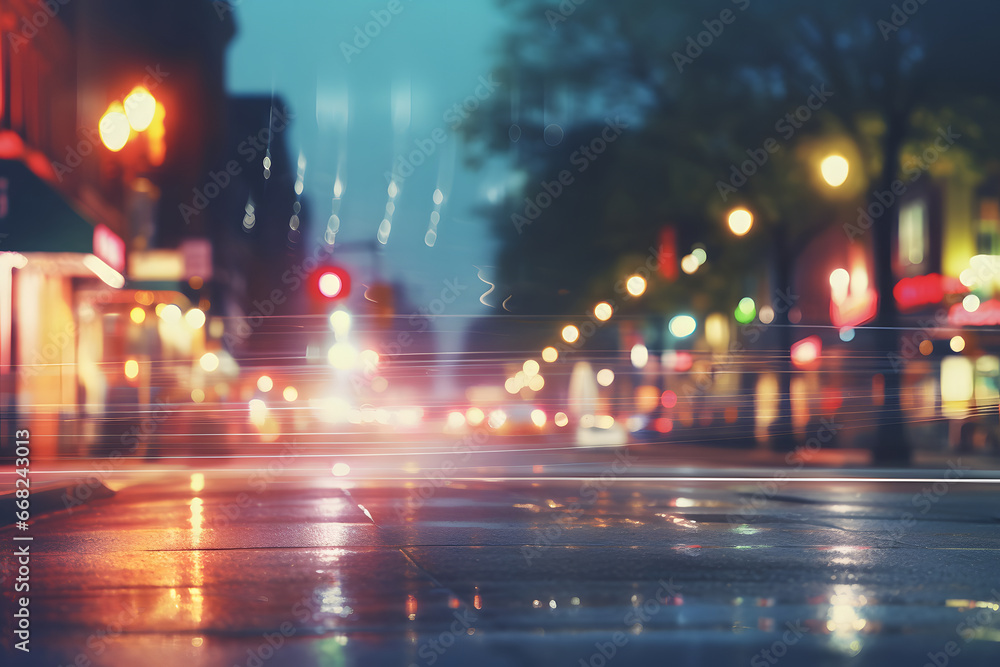 American downtown street view at summer night. Neural network generated image. Not based on any actual scene.