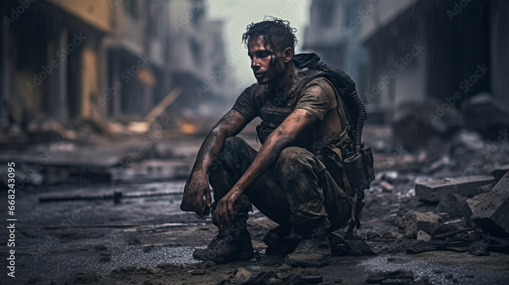 Young Middle Eastern soldier sitting on rubble in war-torn city, deep in contemplation Young Middle Eastern soldier sitting on rubble in war-torn city, deep in contemplation