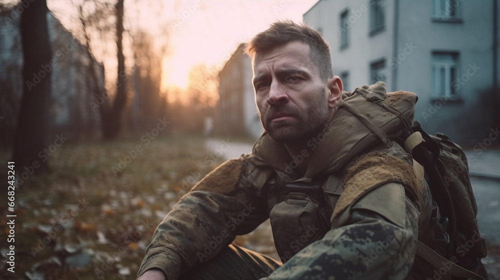 a young man in military uniform sitting in field, deep in thought, outdoor setting with trees, contemplating his military service or personal life, conveying sadness and trauma