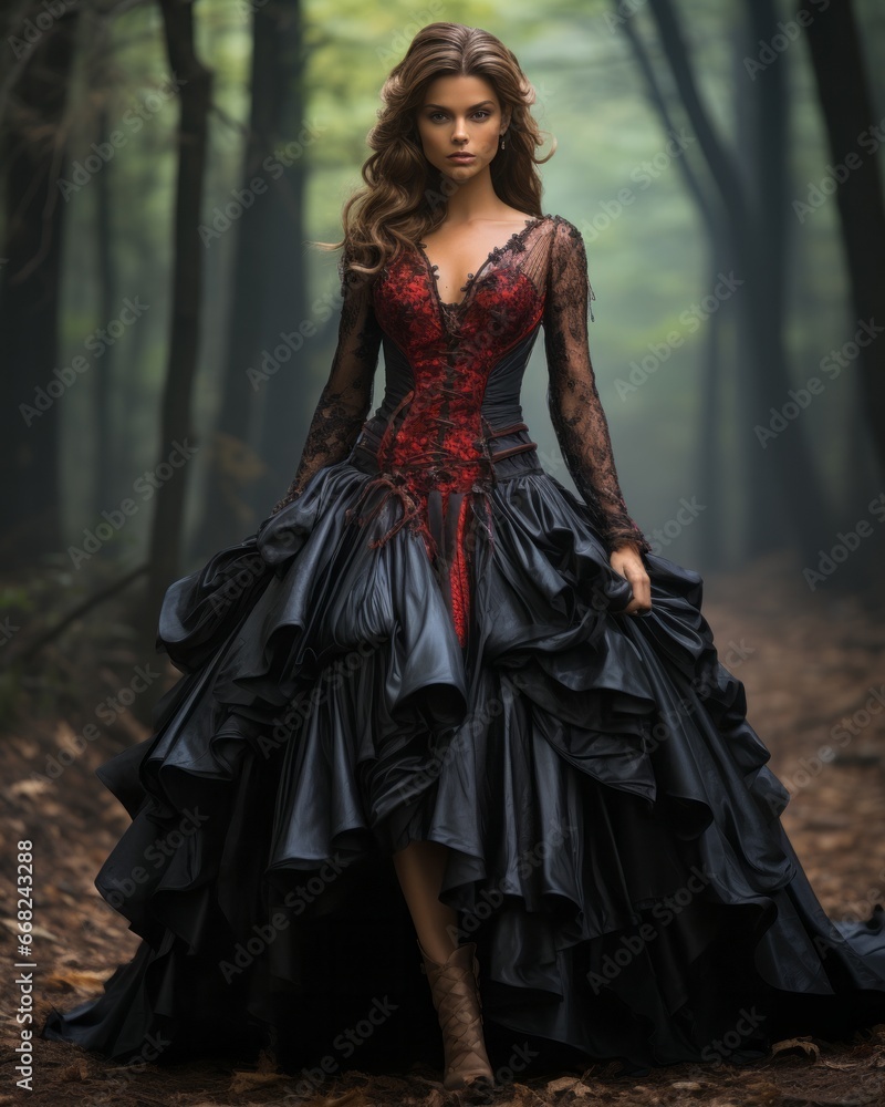 A daring lady adorned in a flowing black and red gown, gracefully blending with the majestic trees of the forest, exuding a fierce and untamed sense of style