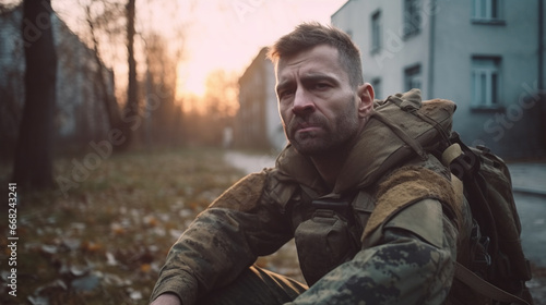 a young man in military uniform sitting in field, deep in thought, outdoor setting with trees, contemplating his military service or personal life, conveying sadness and trauma