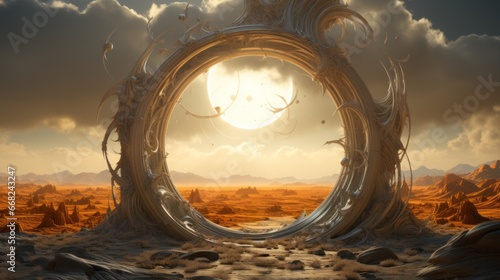 The fiery sun sets behind a vast desert landscape, casting vibrant hues across the cloud-dotted sky as a large, round object with a gaping hole sits ominously in the barren ground