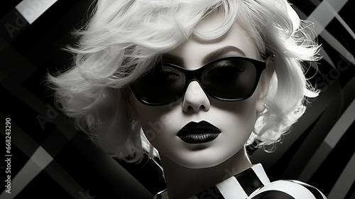 Obraz na płótnie Unapologetically stylish, the woman's white hair cascaded over her bold black lips as she donned her signature eyewear, exuding a fierce and fearless fashion sense w salonie
