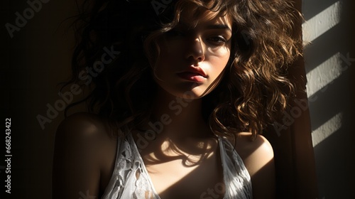A striking model with luscious curls and a captivating gaze, adorned in a simple white tank top, basking in the sun's warm embrace as her dark locks cast alluring shadows