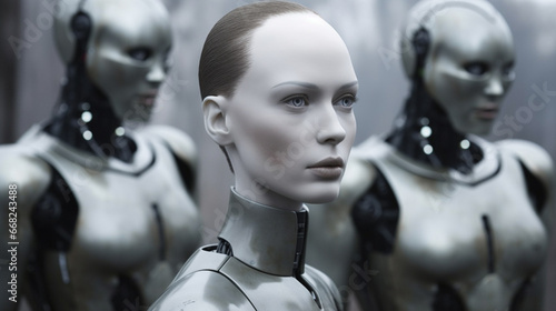 humanoid android robots with a human-like shape and two simpler robots, gray white, serious situation, thoughtful or insecurities and feeling uncomfortable