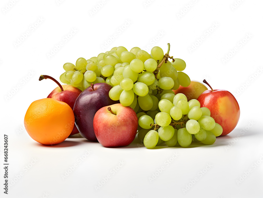 A variety of fresh fruits is set against a white background. Perfect for showcasing healthy eating and organic choices. A variety of fresh fruits is set against a white background. Perfect for showcasing healthy eating and organic choices.