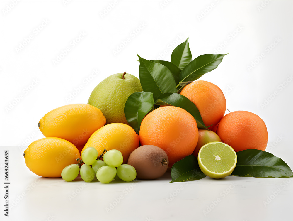 A variety of fresh fruits is set against a white background. Perfect for showcasing healthy eating and organic choices. A variety of fresh fruits is set against a white background. Perfect for showcasing healthy eating and organic choices.