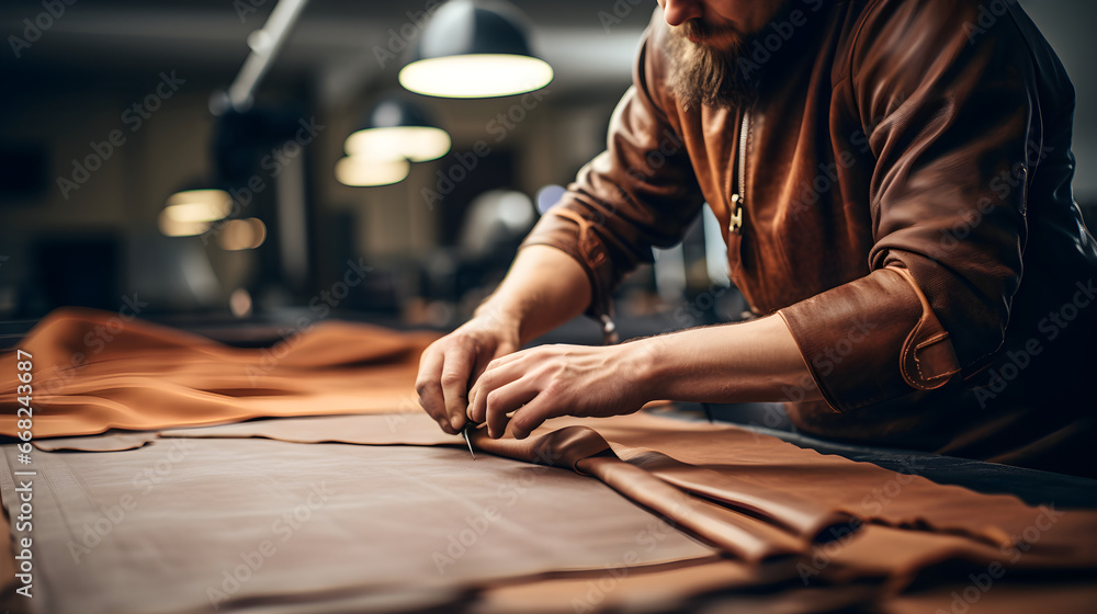 Obraz premium Tailor cobbler hold different rolls natural brown leather, working with textile in workshop.